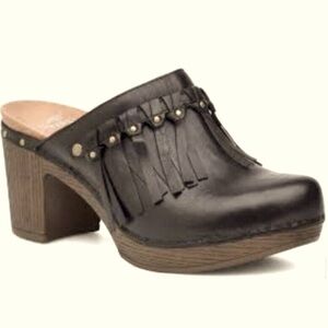 DANSKO Deni Fringe Brown Leather Comfort Slip On Mule Heels